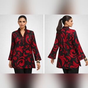 New Chico’s Embellished Neck Kurta Top Size 2 (Large 12/14) Satin